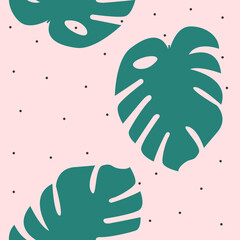 Monstera seamless pattern Vector illustration in flat design Green lush foliage on light pink background with black polka dot