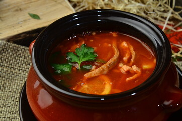 ukrainian, russian beetroot soup borscht closeup