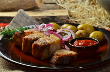 Kebab fried potatoes fries tomatoes pork kebab restaurant food fast food