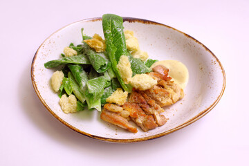 Sliced Peking Duck served with sauce, fresh salad, on white background