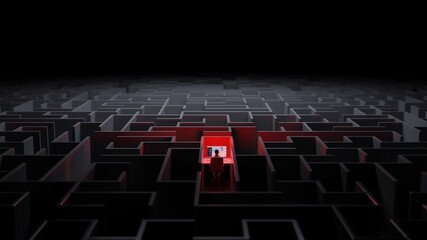 Office worker trapped in a maze. Workaholic, social isolation concept. Digital 3D rendering.
