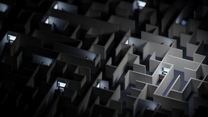 Office workers trapped in a maze. Workaholic, social isolation concept. Digital 3D rendering.