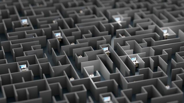 Office workers trapped in a maze. Workaholic, social isolation concept. Digital 3D rendering.