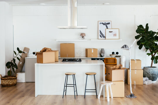 Carton boxes in modern kitchen
