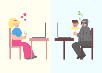 Internet dating scam. Online crime concept illustration - obrazy, fototapety, plakaty