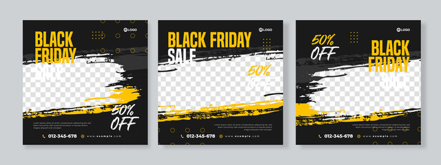 Set of three black friday sale social media pack template premium vector