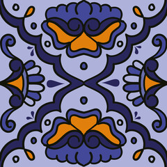 azulejo de talavera diseño mexicano, en color azul y amarillo ocre  - obrazy, fototapety, plakaty