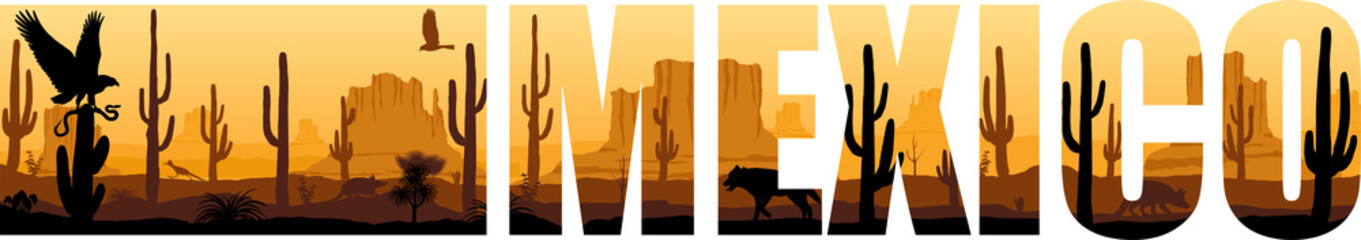 vector panorama of Mexico with eagle, Mexican wolf and roadrunner in desert