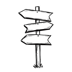 Sketch direction sign. Hand drawn doodle style. Wooden signpost. Vector illustration.