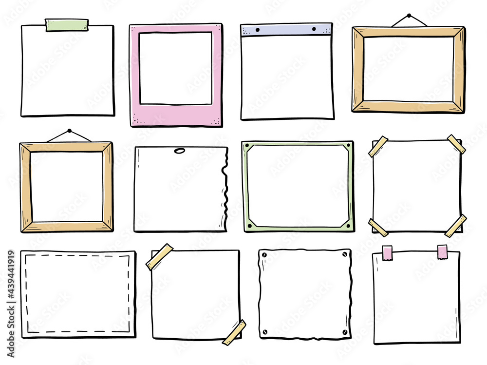Poster hand drawn set of paper sticker, photo frame, picture border. doodle sketch style. frame of square a