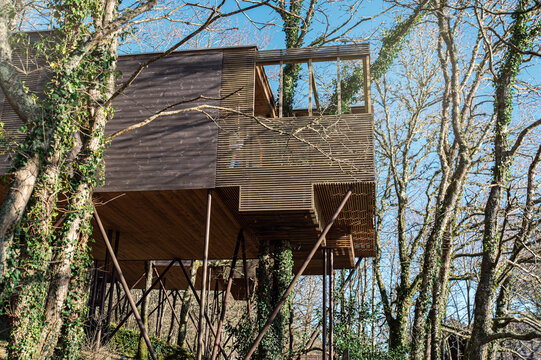 Modern stilt house located on hill in nature