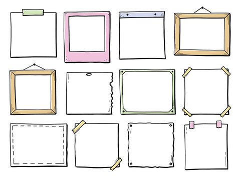 Hand drawn set of paper sticker, photo frame, picture border. Doodle sketch style. Frame of square and rectangle shape. Vector illustration.