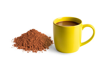Hot chocolate in yellow cup with cocoa powder isolated on white background.
