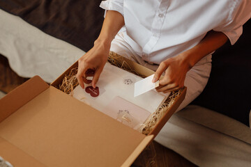 Close Up Woman Reading Greeting Cards 