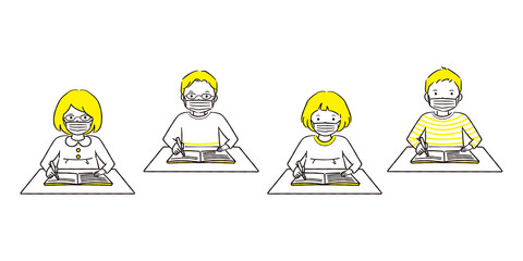 手描き1color  男の子と女の子　マスクをつけてお勉強