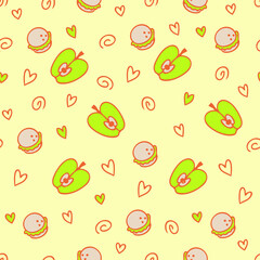 Doodle seamless pattern of cake macaroons and apples. Perfect for scrapbooking, textile and prints. Hand drawn vector illustration for decor and design.
