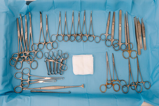 Set of surgical supplies in veterinary clinic