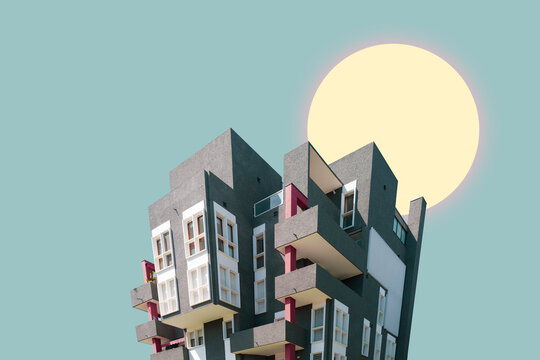 surreal and futuristic landscape, geometric facade