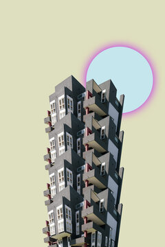 surreal and futuristic landscape, geometric facade