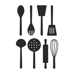 Kitchen Tool Icon Vector Set. Spatula, Rolling Pin, Whisk, Ladle, Skimmer Vector. Silhouette Vector Design