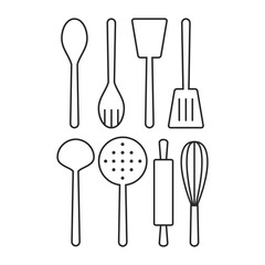 Kitchen Tool Icon Vector Set. Spatula, Rolling Pin, Whisk, Ladle, Skimmer Vector. Outline Vector