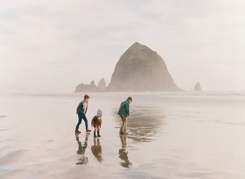 young children walk on  a hazy sunset beach with wet sand reflection