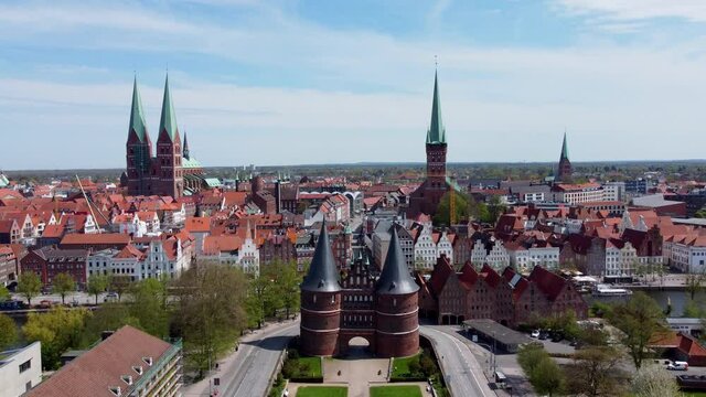 The historic buildings in the city center of Lubeck - a Unseco World Heritage Site - aerial photography