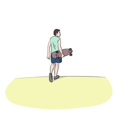 full length of man holding skateboard view from the back hand drawn with black lines illustration vector isolated on white background.