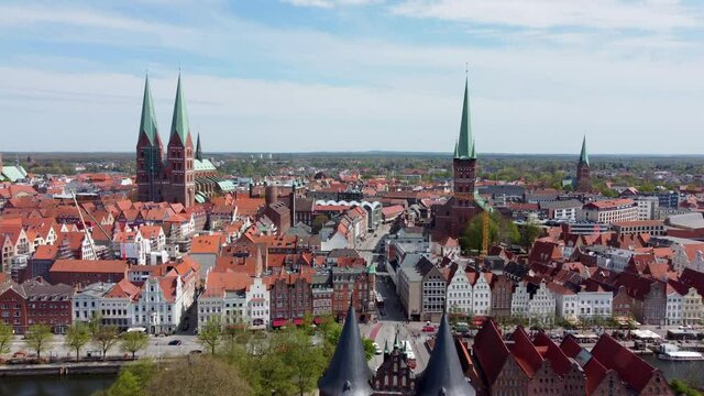 The historic buildings in the city center of Lubeck - a Unseco World Heritage Site - aerial photography