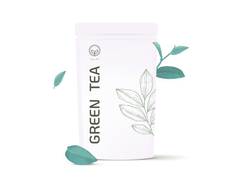 Product Mockup Template Design, Green Tea Bag Decorated With Green Tea Leaves