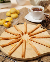 The semprong cake or semprong cake has a unique shape, which is like a layered pipe or triangle. This snack has a sweet and savory taste. Cake food originating from Indonesia. Food mockups.