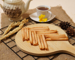 The semprong cake or semprong cake has a unique shape, which is like a layered pipe or triangle. This snack has a sweet and savory taste. Cake food originating from Indonesia. Food mockups.