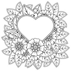 Mehndi flower with frame in shape of heart for henna, mehndi, tattoo, decoration. decorative ornament in ethnic oriental style. doodle ornament. coloring book page.