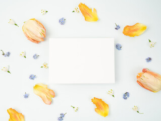 Beautiful fresh flower flat lay with blank stationery card