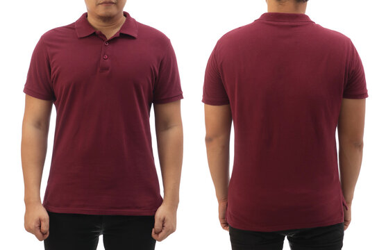 Blank Collared Shirt Mock Up Template, Front And Back View, Asian Male Model Wearing Plain Maroon Red T-shirt Isolated On White. Polo Tee Design Mockup Presentation