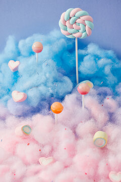 sweet magical landscape of cotton candy and lollipop
