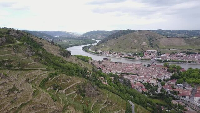 Drone shot, Hermitage hill famous for its terrace estate vineyard in the Rhone Valley, France