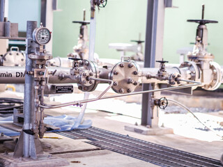 Pressure gauge of measuring instrument close up in industry zone at power plant with closed up