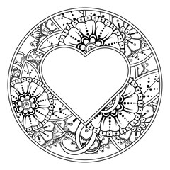 Mehndi flower with frame in shape of heart for henna, mehndi, tattoo, decoration. decorative ornament in ethnic oriental style. doodle ornament. coloring book page.