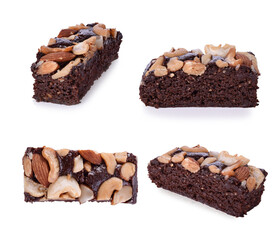 Chocolate brownie with almond on white background.