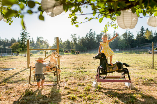 children play on rocking horses in field