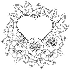 Mehndi flower with frame in shape of heart for henna, mehndi, tattoo, decoration. decorative ornament in ethnic oriental style. doodle ornament. coloring book page.