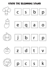Learning English language for children. Color the beginning sound of vegetables.