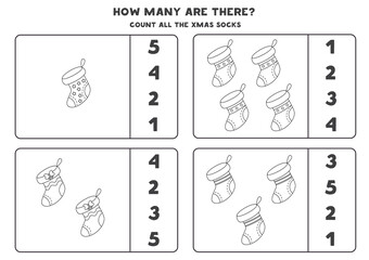 Counting game with Christmas socks. Math worksheet.