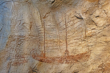 Cave paintings (Parietal art), prehistoric art on cave walls and ceilings of Pee huo toe cave, Krabi province Thailand.