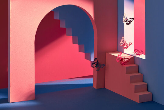 The Building style modern with butterflies on colorful background