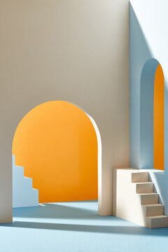 modern geometric style. Arch and stairs in trendy minimal interior.