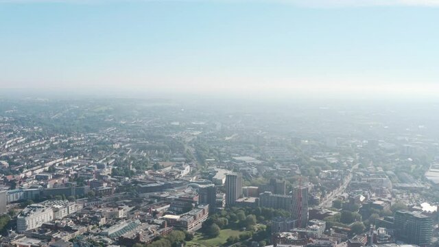 dolly forward drone shot over developing Redcliffe central bristol
