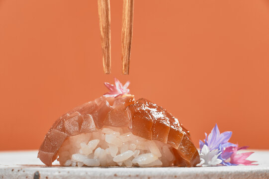 asian food modern japanese cuisine sushi with tuna akami Japan, pickled rice, wasabi, nikiri sauce 