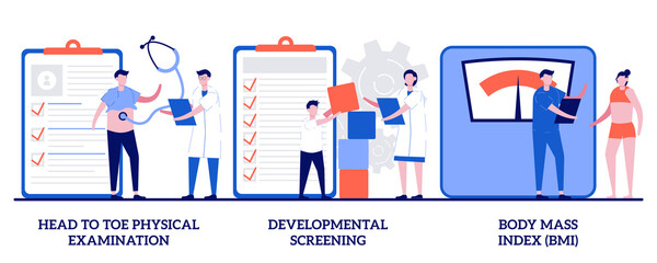 Head to toe physical examination, developmental screening, body mass index concept with tiny people. Health check up vector illustration set. Health issue diagnostics, weight loss program metaphor